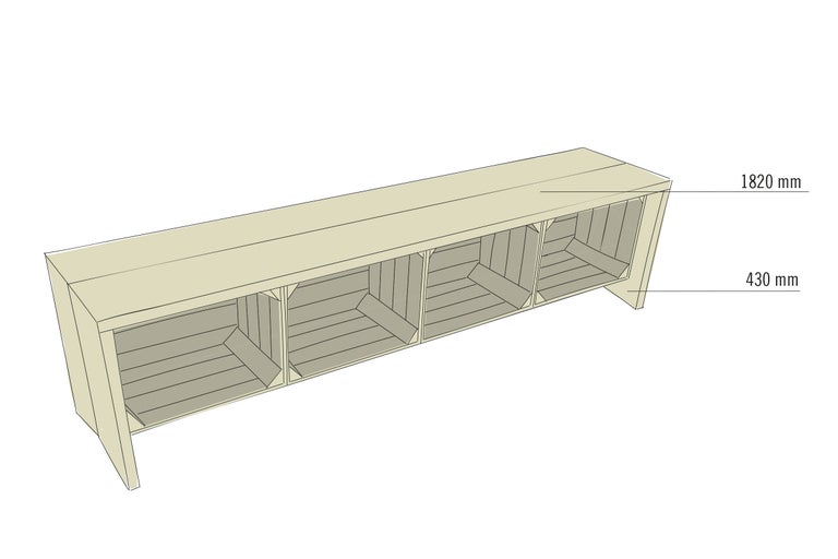 Darstellung eines Regalsystems aus Holz mit den Maßen 1820 mm mal 430 mm.