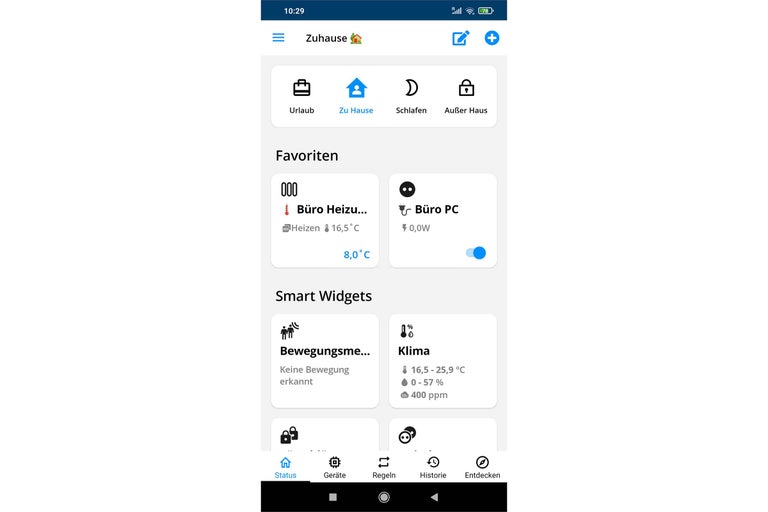 Smart Home App mit Anzeige von Favoriten und Smart Widgets