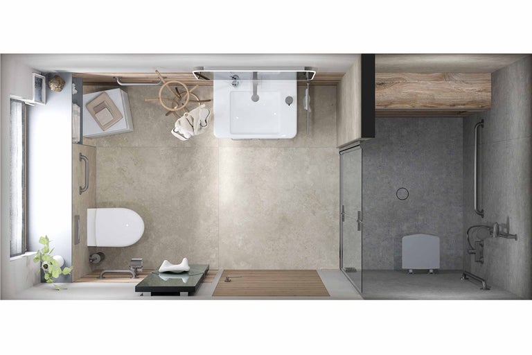 Draufsicht eines barrierefreien Badezimmers mit Toilette, Waschbecken und Dusche mit Haltegriffen