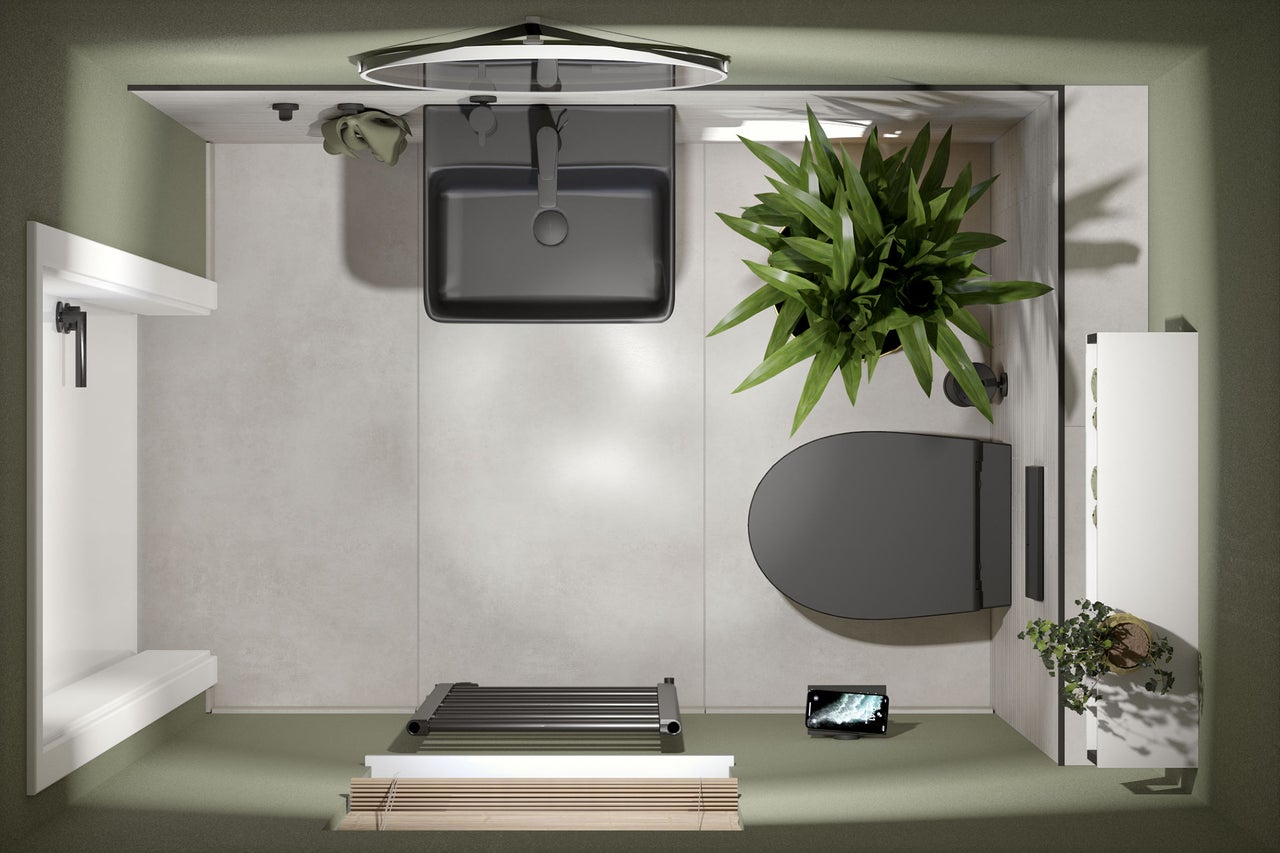 Ansicht von oben eines Badezimmers mit Waschbecken, Toilette, Handtuchwärmer und Pflanzen