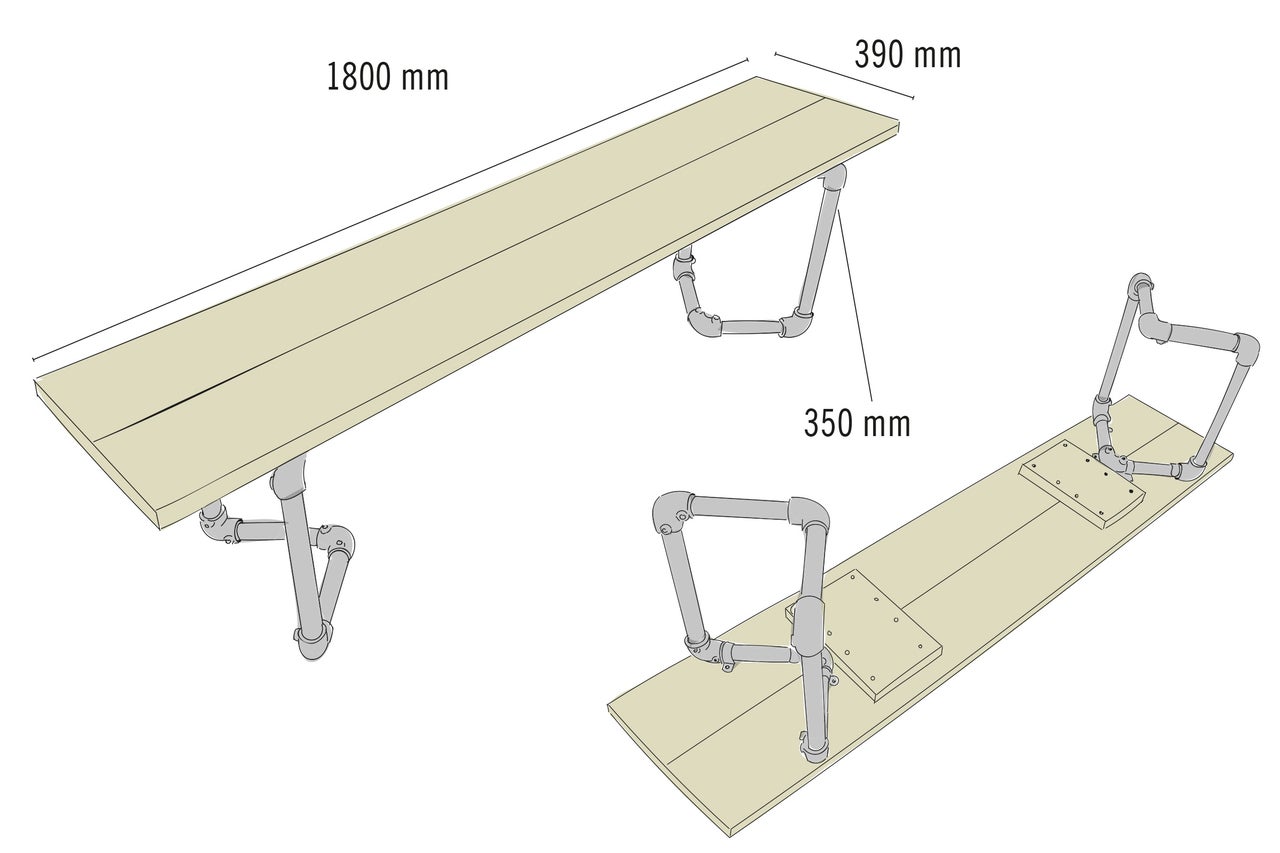 Tisch mit Rohren als Tischbeine, Maße: 1800 mm x 390 mm x 350 mm