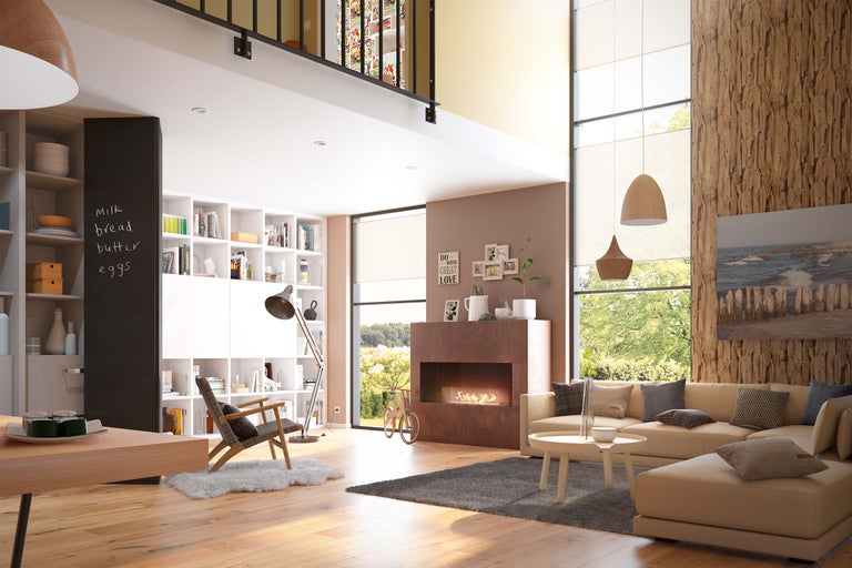 Wohnzimmer mit Regalen, Kamin und Sofa in einem modernen Design