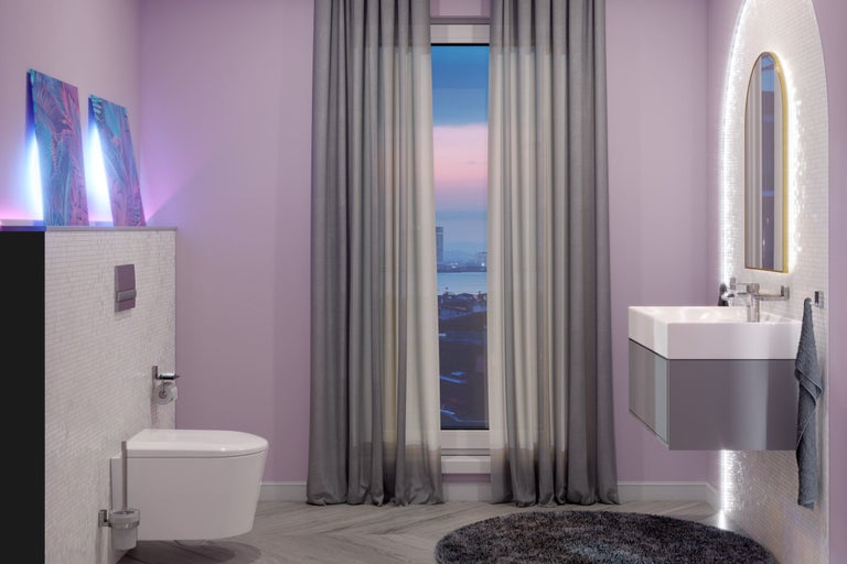 Modernes Badezimmer mit Toilette, Waschtisch und Spiegel