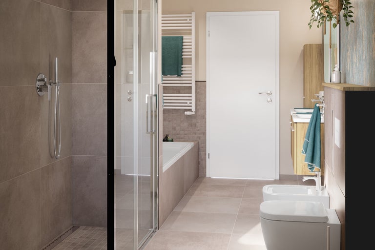 Modernes Badezimmer mit Dusche, Badewanne, Waschtisch und Toilette