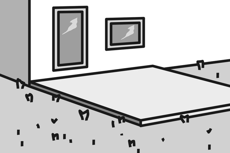 Illustration eines Raumes mit Bildern an der Wand und einem Teppich auf dem Boden