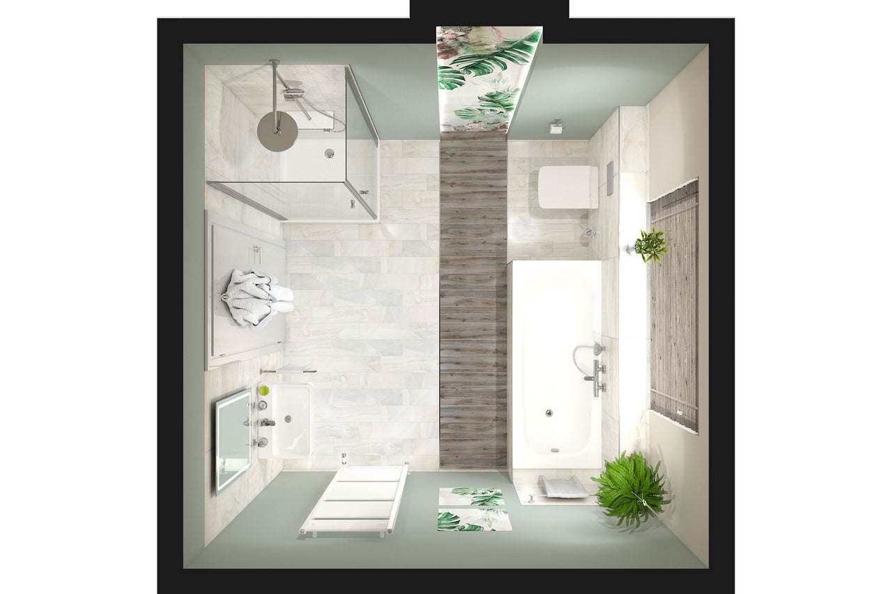 Badezimmer mit Dusche, Badewanne, Waschbecken und Toilette in Aufsicht