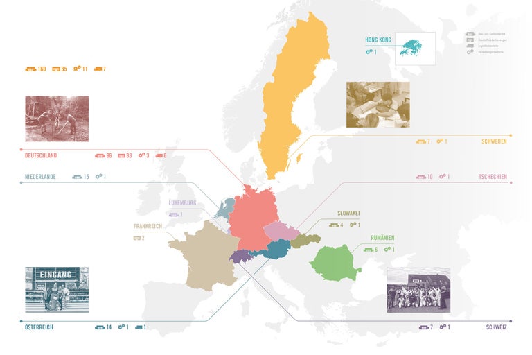 Übersichtskarte der Hornbach Standorte in Europa und Hong Kong.