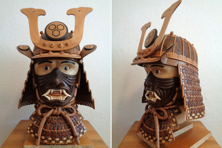 Samurai Helm aus Holz, Front- und Seitenansicht