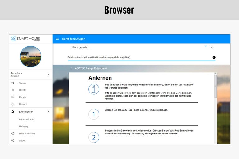 Screenshot der Smart Home App zur Geräteinstallation