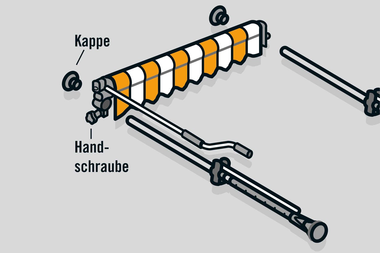 Einzelteile einer Markise wie Kappe und Handkurbel