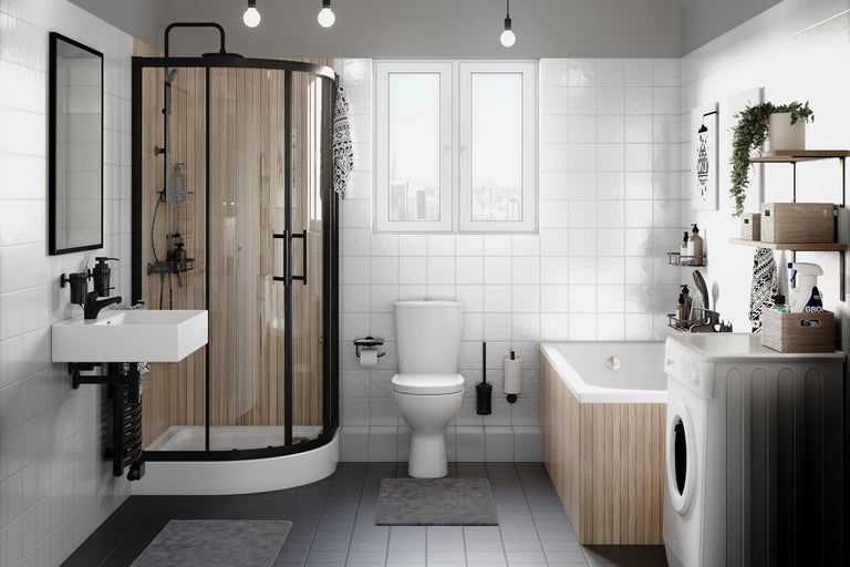 Modernes Badezimmer mit Dusche, Waschbecken, Toilette, Badewanne und Waschmaschine