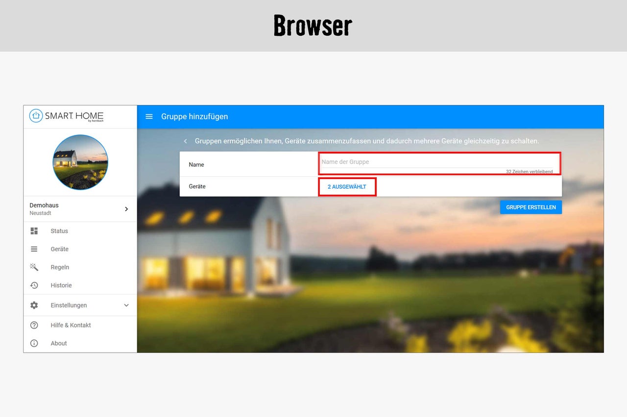 Smart Home by Hornbach Browseransicht zum Hinzufügen einer Gruppe