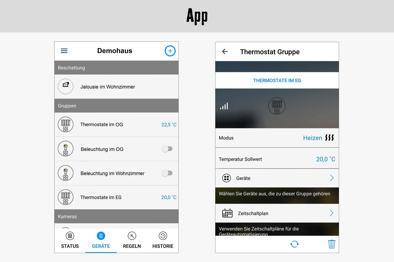 Screenshot einer App zur Steuerung eines Smart Homes mit Anzeige von Thermostaten und Beleuchtung