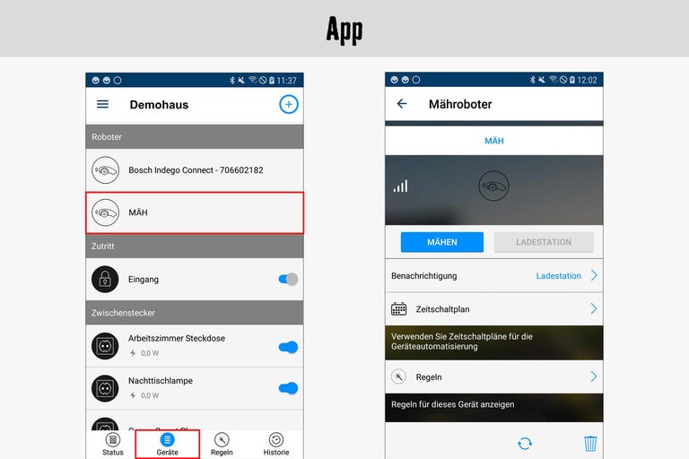 App-Ansicht eines Mähroboters mit verschiedenen Funktionen und Einstellungen.