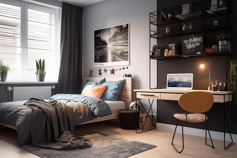 Ein Schlafzimmer mit einem Bett, einem Schreibtisch, einem Stuhl und Regalen.