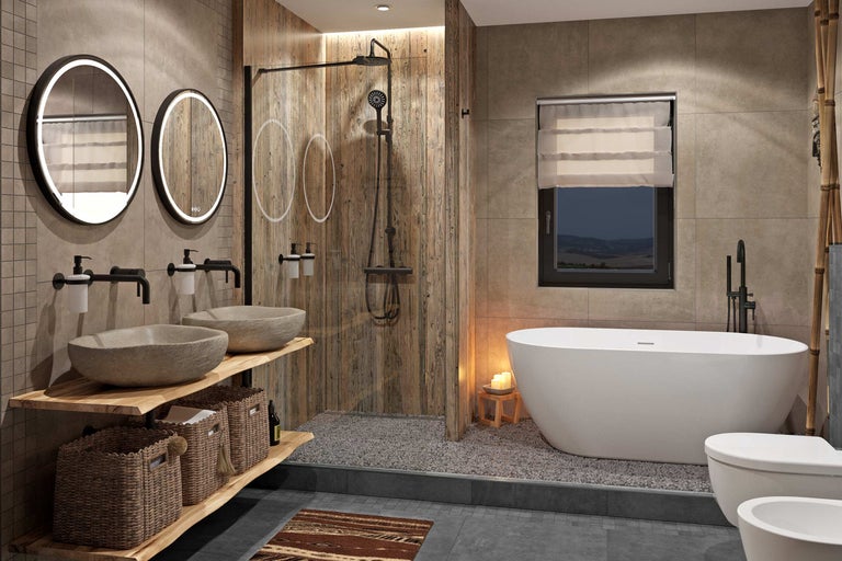 Modernes rustikales Badezimmer mit Stein-Aufsatzwaschbecken auf Holzregalen, runden LED-Spiegeln, begehbarer Dusche und freistehender Badewanne.