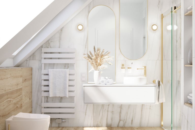 Modernes Badezimmer mit Waschtisch, Spiegel, Handtuchwärmer und Dusche unter einer Dachschräge