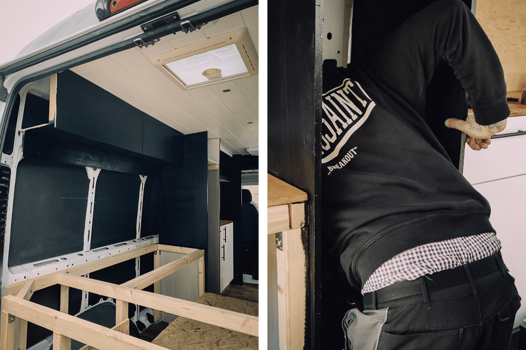 Innenausbau eines Lieferwagens mit Holzkonstruktion, Wandverkleidung und Dachluke