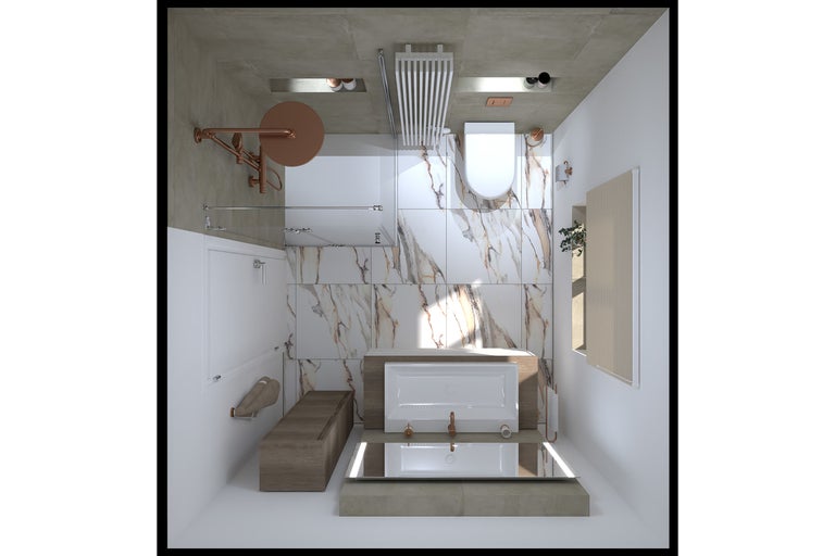Helles Badezimmer mit Toilette, Badewanne, Duschkabine und Waschbecken