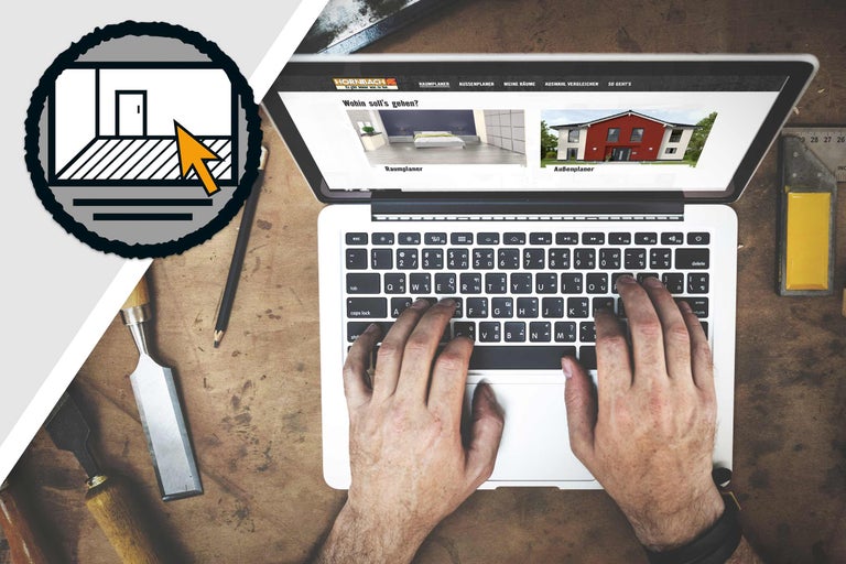 Laptop mit der Hornbach Webseite und Hände auf der Tastatur, Werkzeuge liegen auf dem Tisch