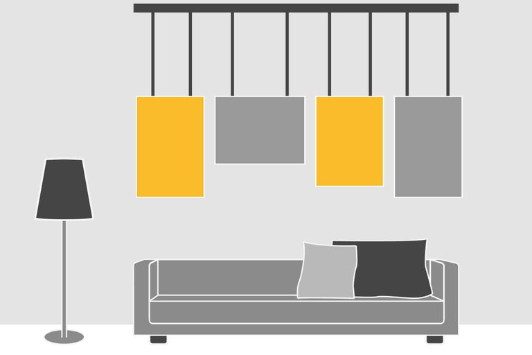 Illustration eines Wohnzimmers mit Sofa, Stehlampe und Hängelampe