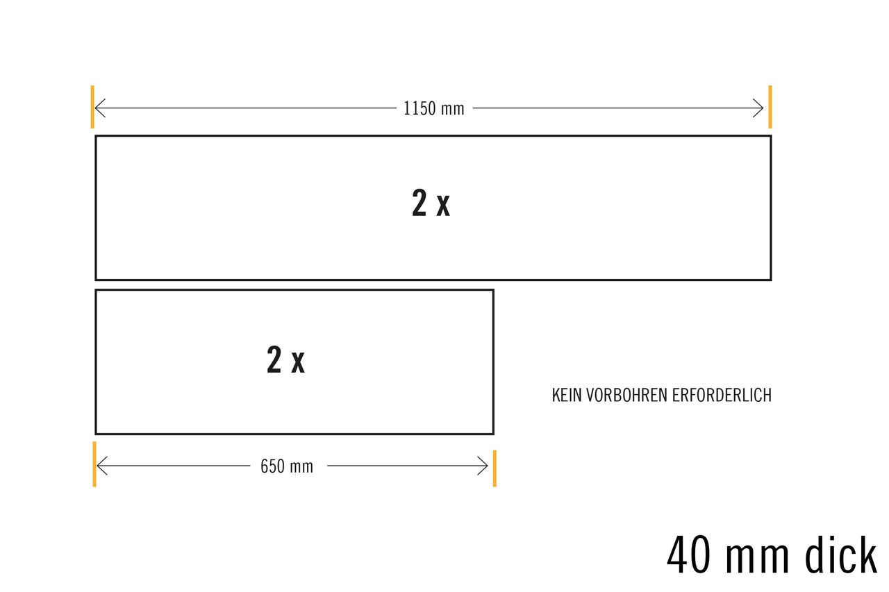 Abbildung von zwei Platten mit den Maßen 1150 mm und 650 mm, 40 mm dick, kein Vorbohren erforderlich