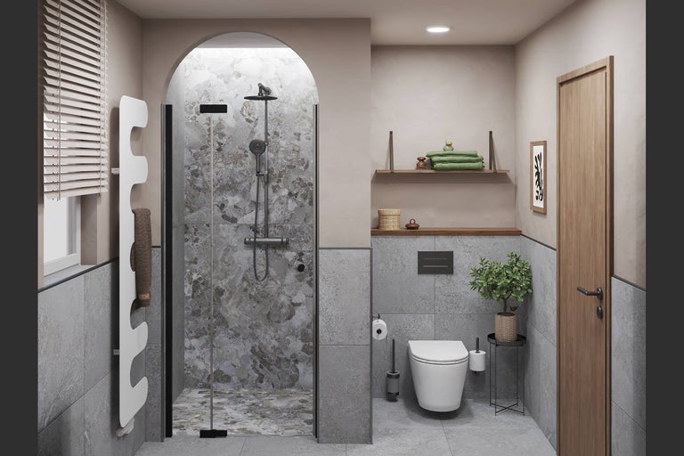 Modernes Badezimmer mit Rundbogendusche, Wand-WC, weißem Designheizkörper und großformatigen Fliesen in Steinoptik.