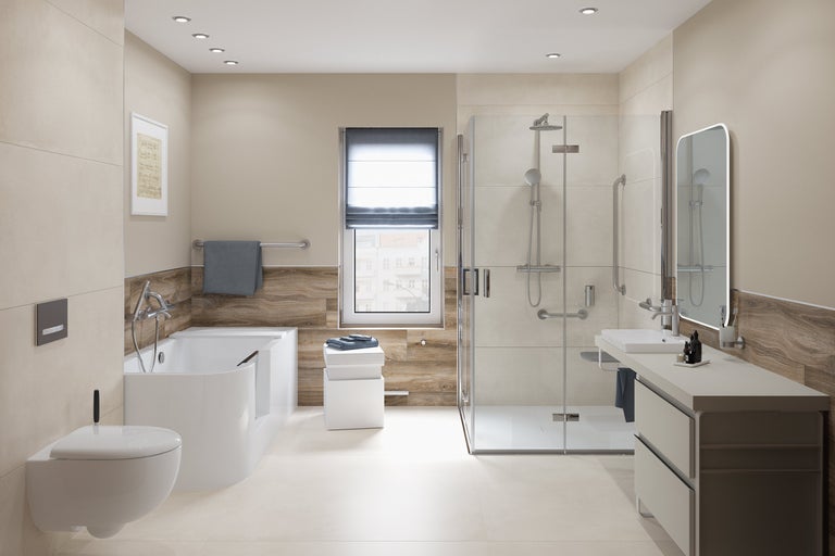 Helles Badezimmer mit Badewanne, Toilette, Waschtisch und Dusche für ein modernes Badezimmerdesign