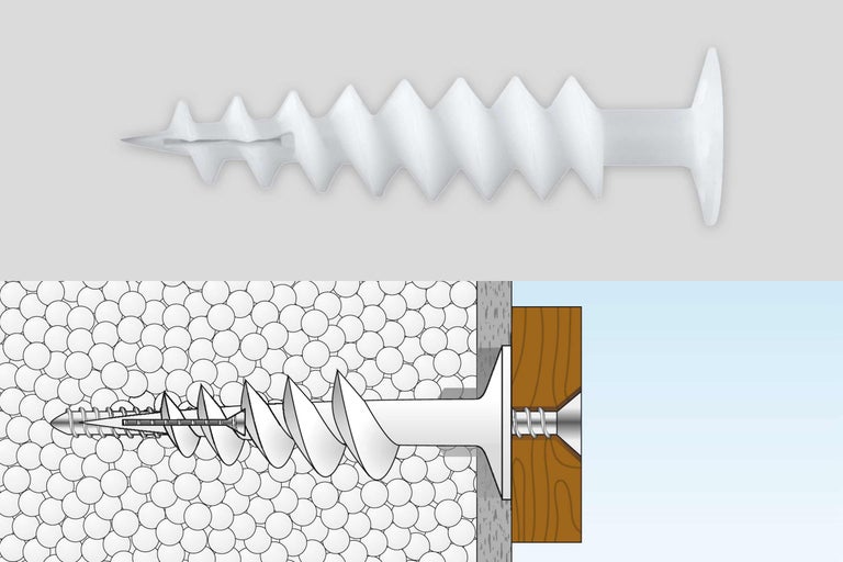 Kunststoffspreizdübel mit Schraube und Montageskizze