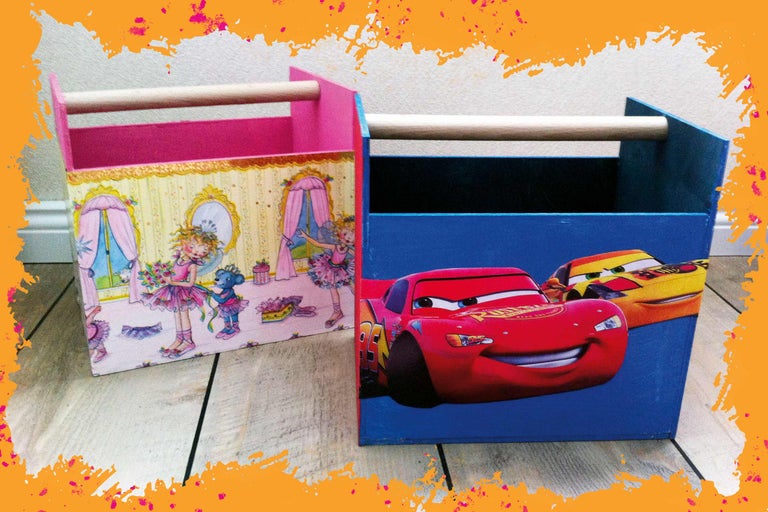 Zwei Kinder Aufbewahrungsboxen mit Holzgriff und unterschiedlichen Motiven