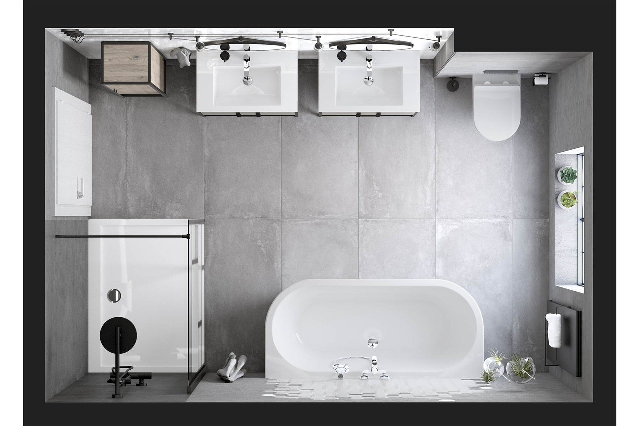 Draufsicht eines Badezimmers mit Dusche, Badewanne, Waschbecken und Toilette