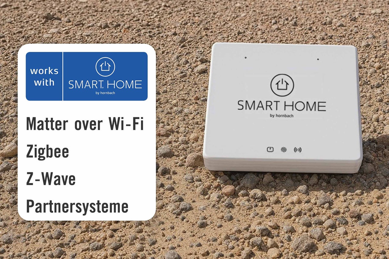 Hornbach Smart Home Zentrale mit Logos und Produktinformationen