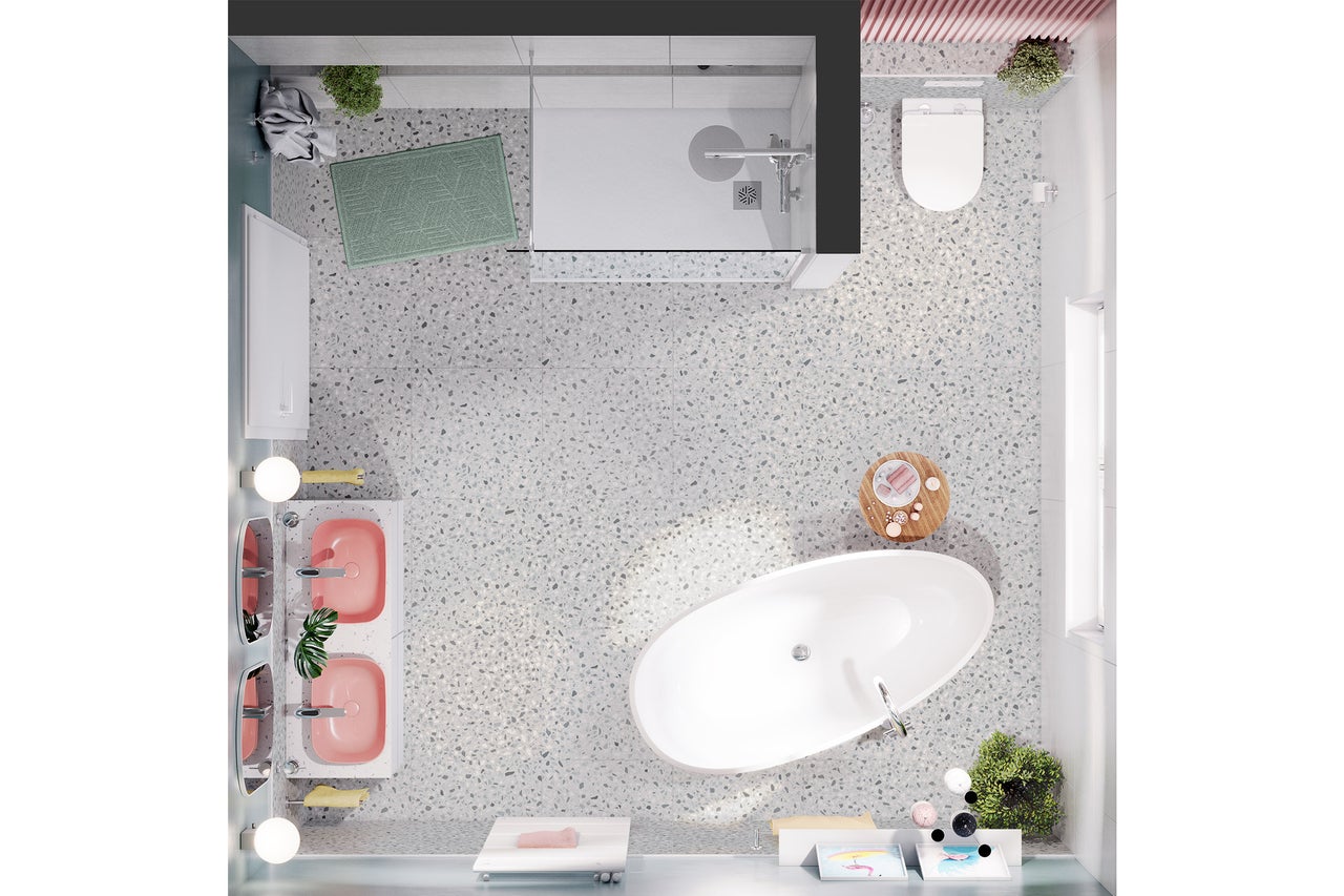 Draufsicht eines Badezimmers mit Dusche, Toilette, Doppelwaschbecken, Badewanne und Dekoration