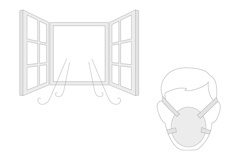 Illustration einer Person mit Gesichtsmaske und eines geöffneten Fensters für Belüftung