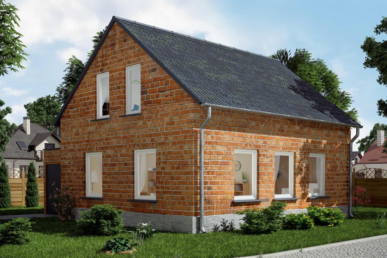 Ansicht eines zweistöckigen Hauses mit Ziegelmauerwerk und Dachziegeln.