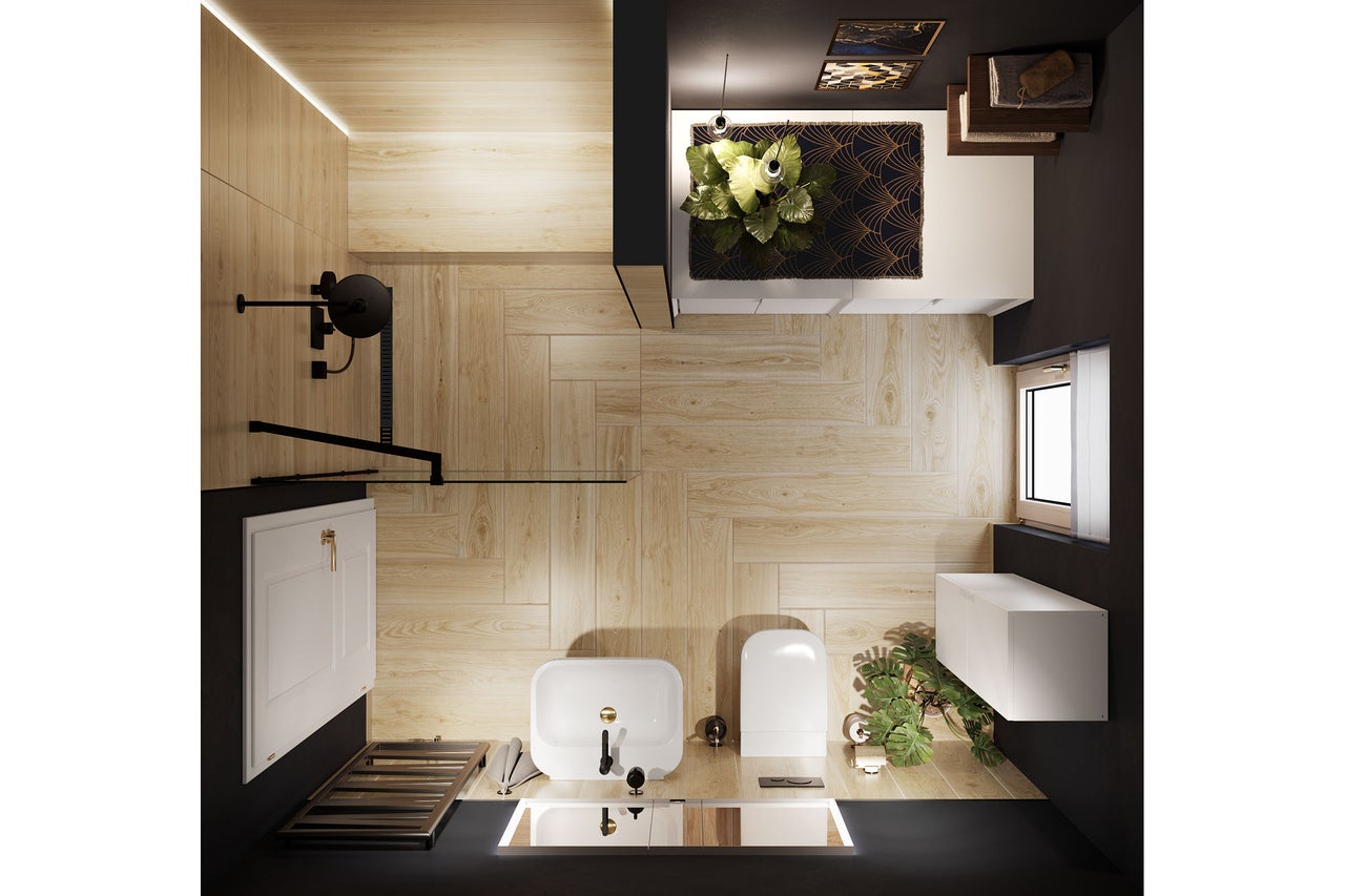 Draufsicht auf ein modernes Badezimmer mit Fliesen in Holzoptik, schwarzer Duscharmatur, weißem Waschbecken, Wand-WC und weißem Badunterschrank.