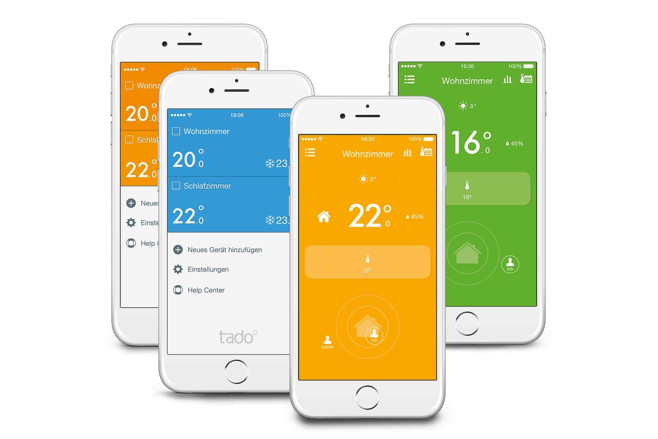Mehrere Smartphones mit geöffneter Tado-App zur Steuerung der Raumtemperatur