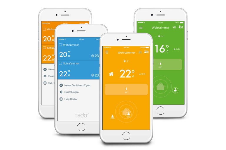 Mehrere Smartphones mit geöffneter Tado-App zur Steuerung der Raumtemperatur