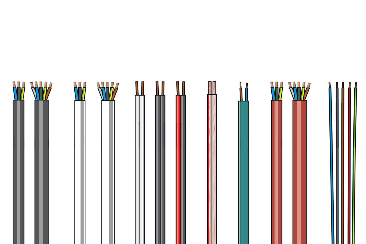 Verschiedene Elektrokabeltypen im Querschnitt.