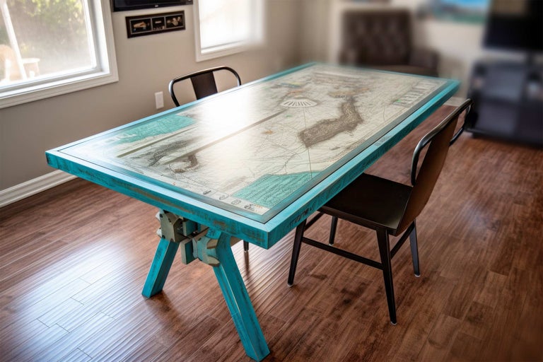 Esstisch mit Weltkarte und zwei Stühlen im Esszimmer