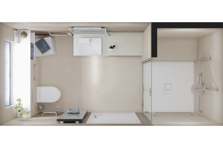 Draufsicht eines barrierefreien Badezimmers mit Toilette, Waschbecken, Ablagefläche, Dusche mit Glastür und Haltegriffen.