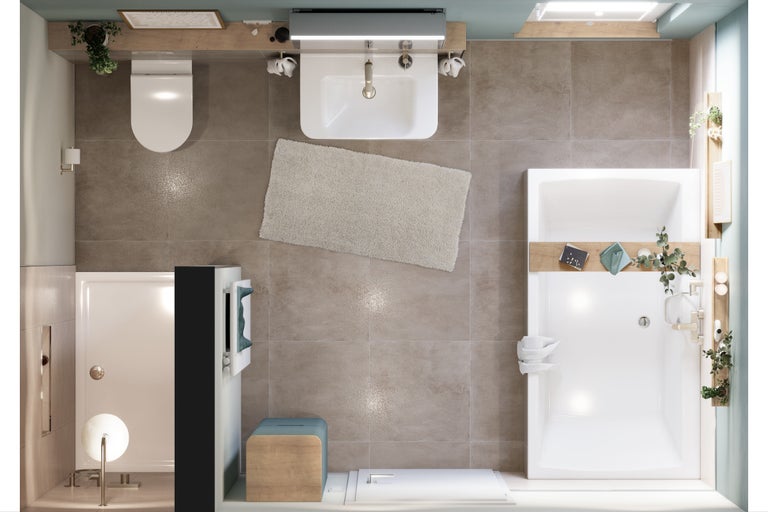 Draufsicht eines hellen Badezimmers mit Toilette, Waschbecken, Badewanne und Dusche