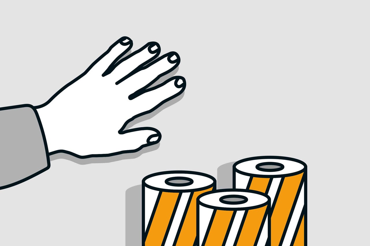 Illustration einer Hand, die nach drei Rollen Absperrband greift