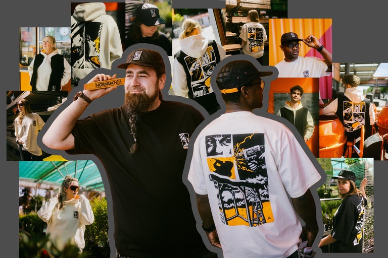 Collage mit Personen in Hornbach Arbeitskleidung wie T-Shirts und Hoodies mit grafischen Prints in verschiedenen Arbeitsumgebungen.