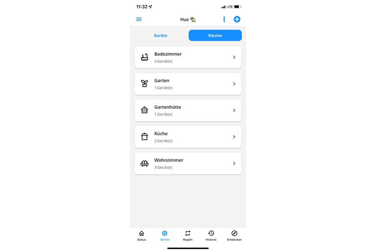 Smartphone-Screenshot der App-Raumübersicht
