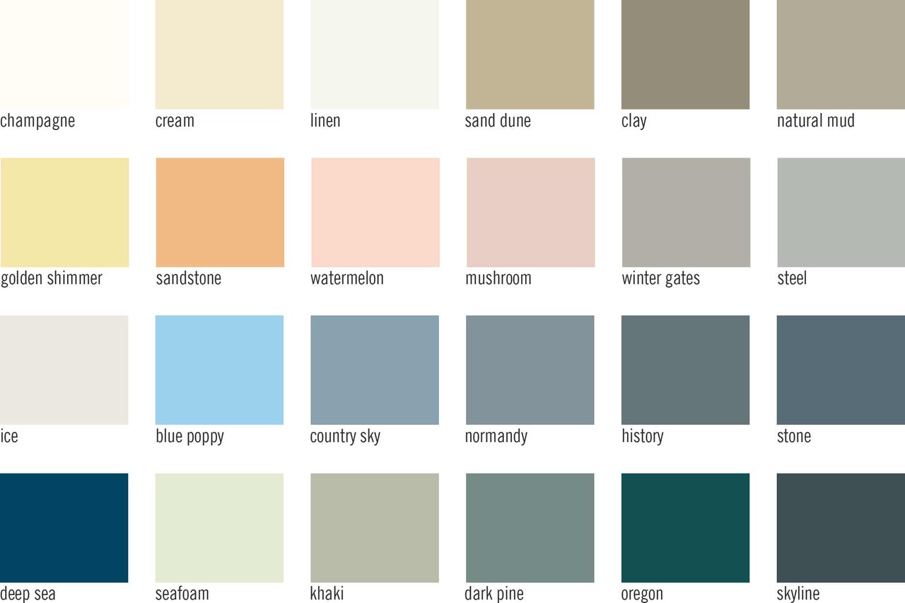 Farbmuster mit verschiedenen Farbtönen wie Champagner, Creme, Leinen, Sanddüne, Ton, Naturschlamm, Goldener Schimmer, Sandstein, Wassermelone, Pilz, Wintertore, Stahl, Eis, Blaumohn, Country Sky, Normandie, Geschichte, Stein, Tiefsee, Seeschaum, Khaki, dunkle Kiefer, Oregon und Skyline.