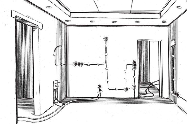 Illustration eines Raumes mit Elektroinstallationen an den Wänden und Deckenbeleuchtung