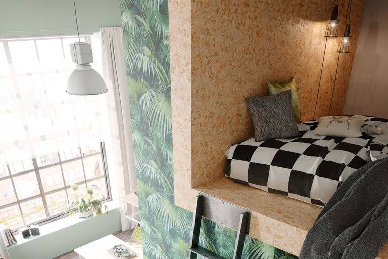 Helles Zimmer mit Hochbett, Leiter, Fenster, Lampe und gemusterter Tapete