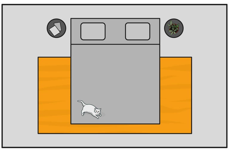 Draufsicht eines Zimmers mit Bett, Teppich, Nachttischen, Pflanzen und einer Katze