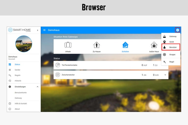 Smart Home Browseransicht mit Gateway Status, Geräte, Benutzer und Gruppen.
